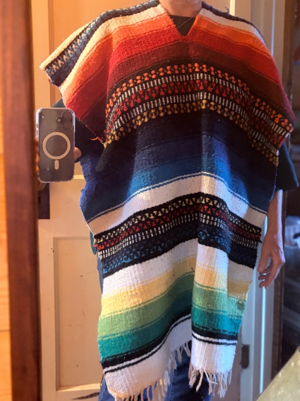 Multicolor Striped Blanket V-Neck Poncho